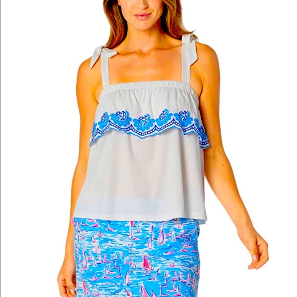 Lilly Pulitzer Benita Scallop Tank Top Sz XL White Blue Floral Embroidery